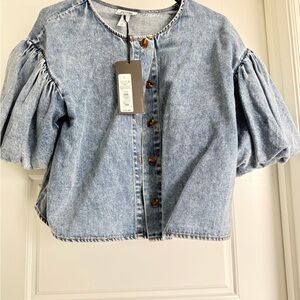 A.L.C. Light Blue Denim Puff-Sleeve Button Front Top